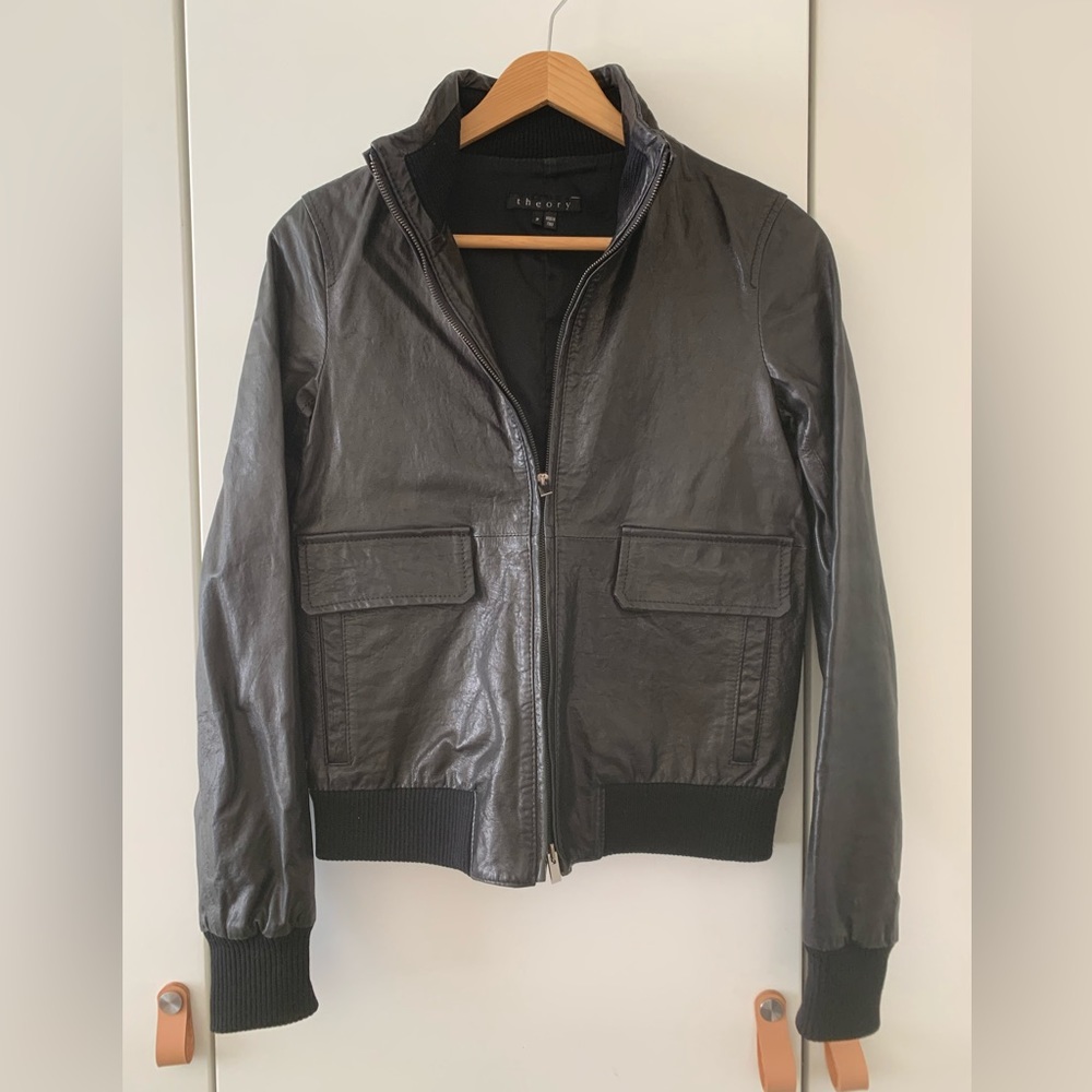 Theory Womens Belare Soft Leather Moto Motorcycle Bomber Jacket Black Size P
